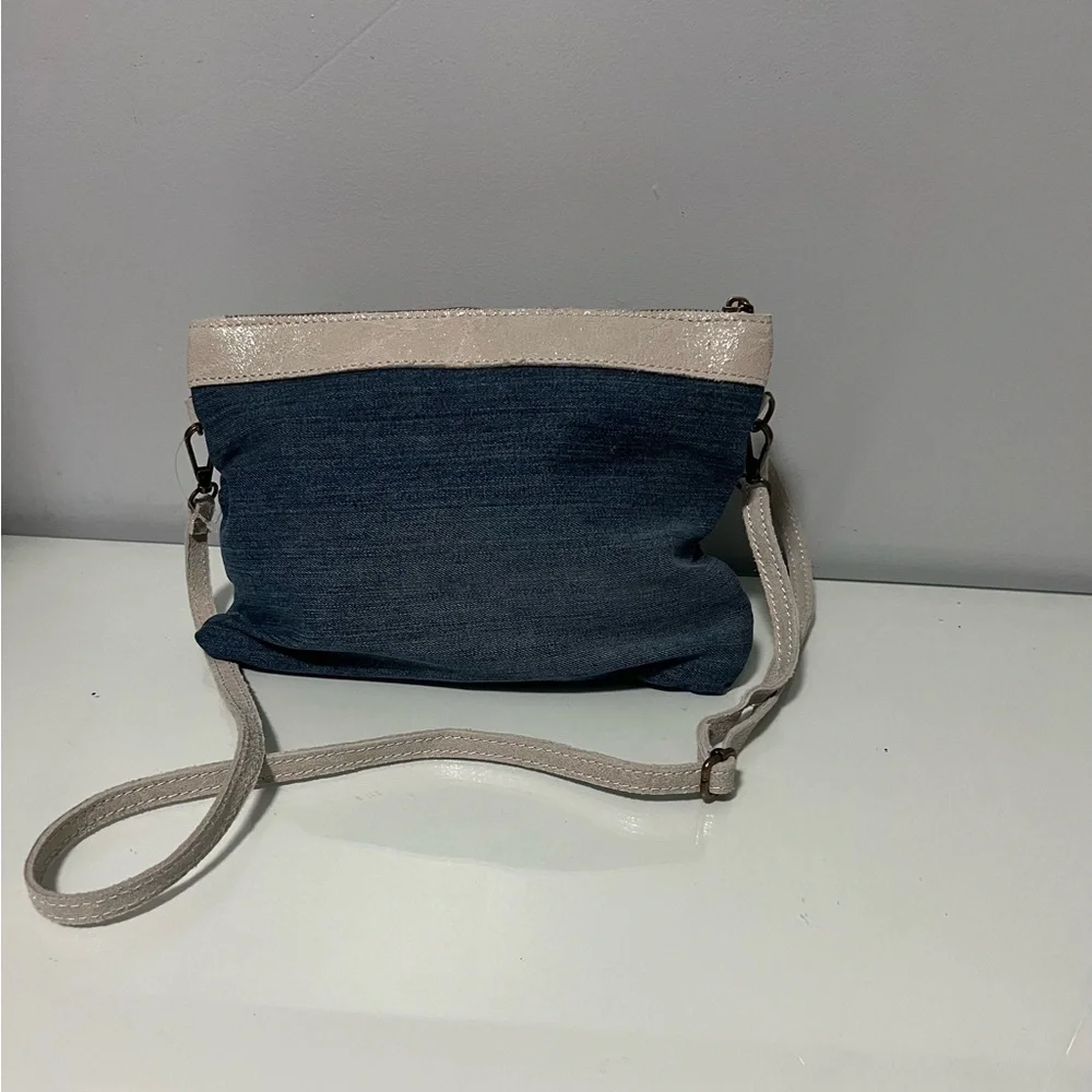 Denim and White Studded Crossbody Bag